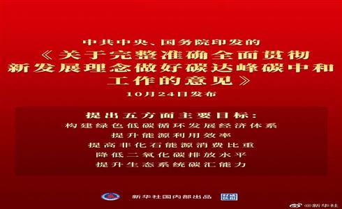 中共中央 國(guó)務(wù)院關(guān)于完整準(zhǔn)確全面貫徹新發(fā)展理念做好碳達(dá)峰碳中和工作的意見